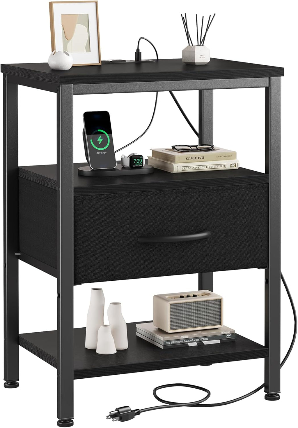 Nightstand Set of 2 with Wireless Charging Station Bed Side Tables with Adjustable Fabric Drawers 3-Tier Storage End Tables Modern Design,Black