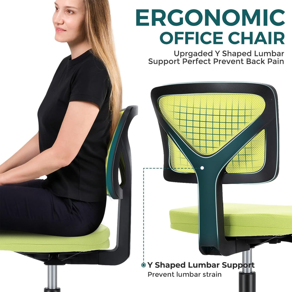Small Desk Chair Armless, Ergonomic Adjustable Home Office Swivel Rolling Task Chair No Arms, Comfy Mesh Mid Back Computer Work Vanity Desk Chiars with Wheels for Small Spaces, Green