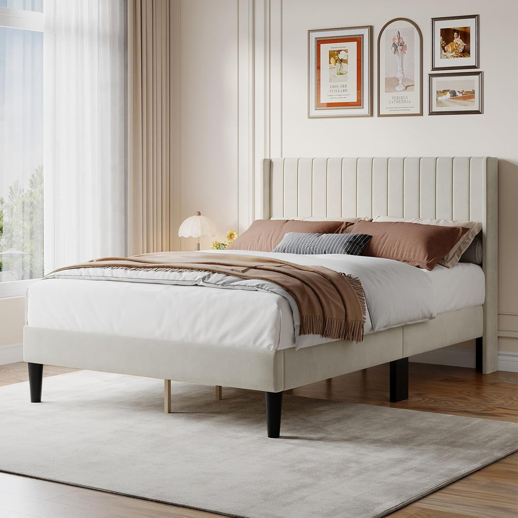 Queen Size Bed Frame with Modern Fabric Upholstered Wingback Headboard & Wooden Slats, 800lbs Capacity, No Box Spring Needed, Easy Assembly Upholstered Platform Bed, Beige