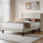 Queen Size Bed Frame with Modern Fabric Upholstered Wingback Headboard & Wooden Slats, 800lbs Capacity, No Box Spring Needed, Easy Assembly Upholstered Platform Bed, Beige