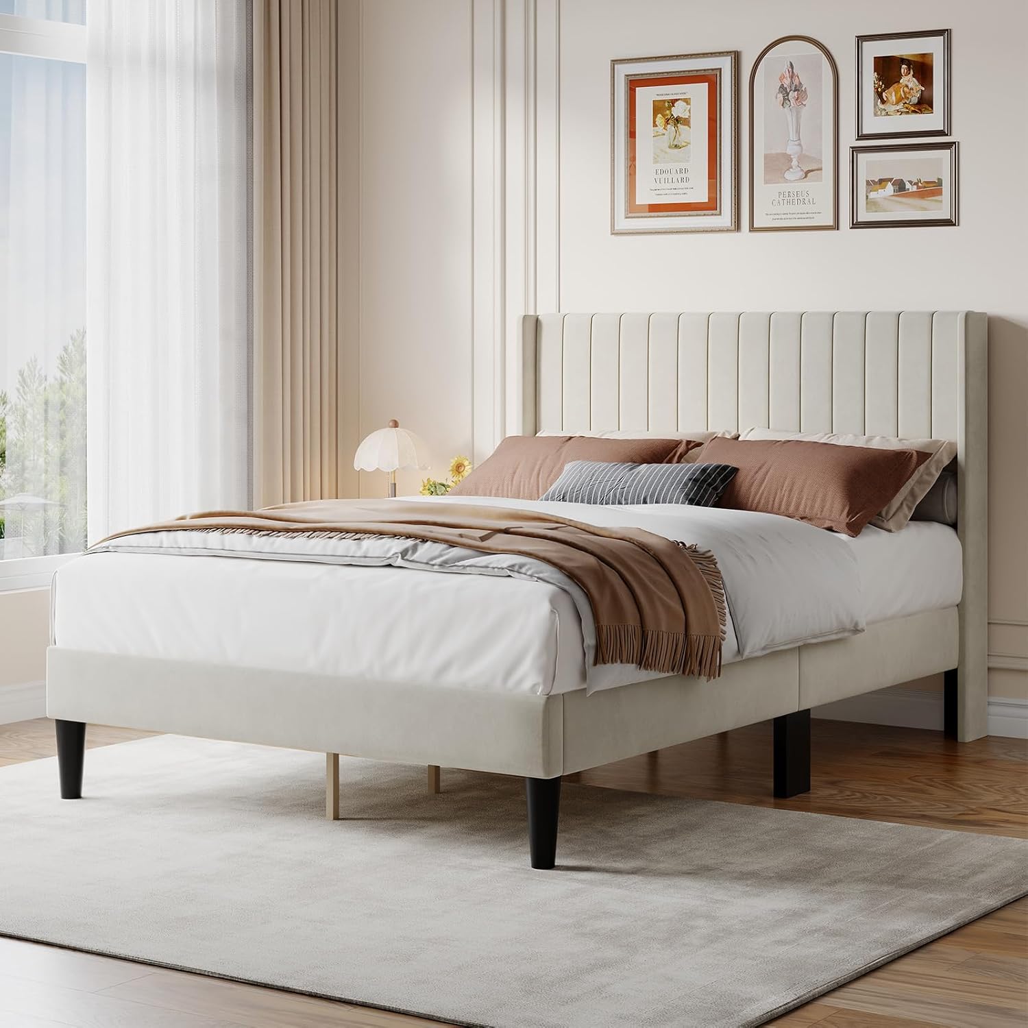 Twin Size Bed Frame with Modern Fabric Upholstered Wingback Headboard & Wooden Slats, 500lbs Capacity, No Box Spring Needed, Easy Assembly Upholstered Platform Bed, Beige