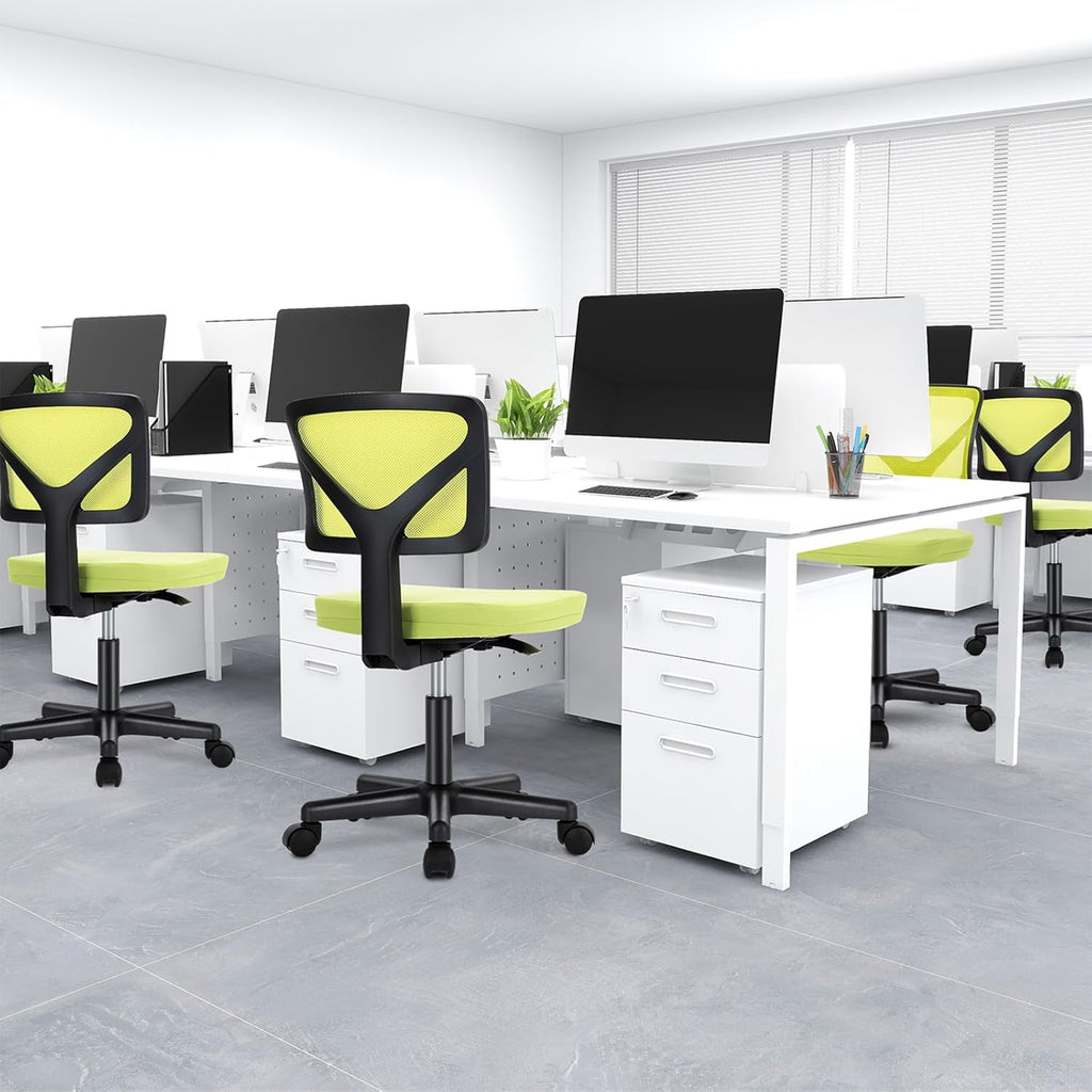 Small Desk Chair Armless, Ergonomic Adjustable Home Office Swivel Rolling Task Chair No Arms, Comfy Mesh Mid Back Computer Work Vanity Desk Chiars with Wheels for Small Spaces, Green