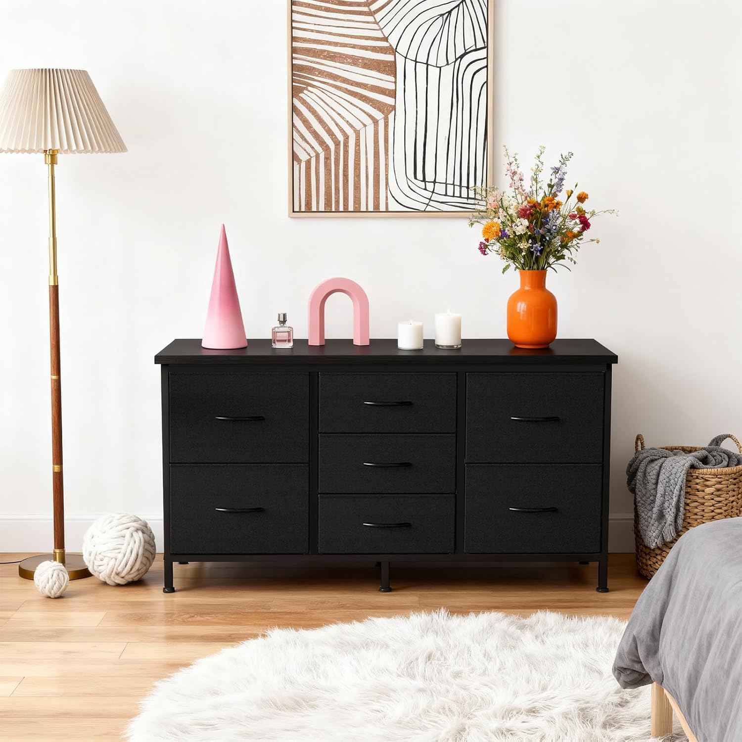TV Stand 7 Drawer Dresser for Bedroom with Storage TV Stands for Living Room Black, Farmhouse Entertainment Center Media Console Table with Metal Frame Adjustable Feet