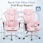 Big and Tall Home Office Desk Chair, Gaming Computer Chair, Executive Ergonomic Chair with Footrest, High Back Reclining, Adjustable Armrests and Comfy Lumbar Support, PU Leather, Pink