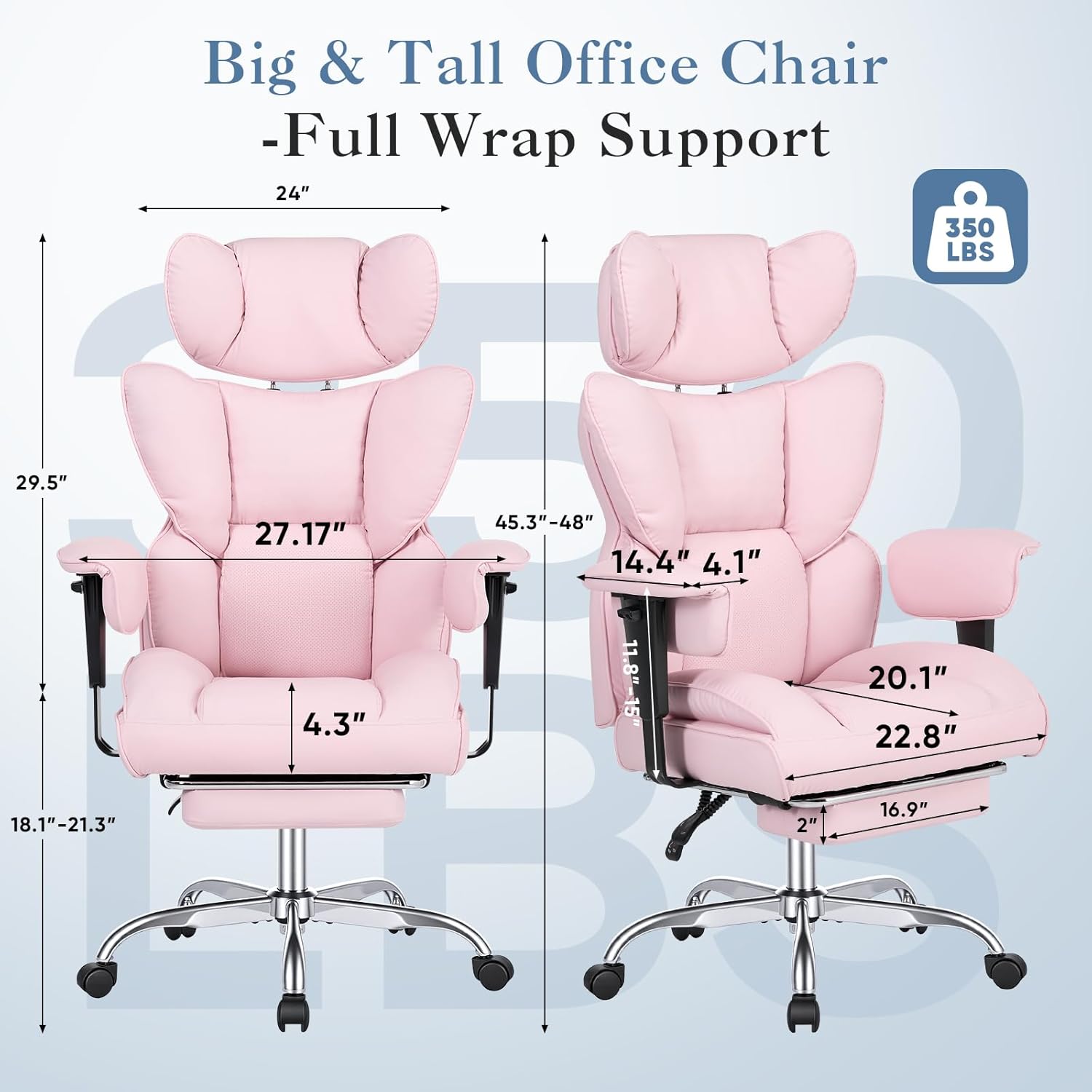 Big and Tall Home Office Desk Chair, Gaming Computer Chair, Executive Ergonomic Chair with Footrest, High Back Reclining, Adjustable Armrests and Comfy Lumbar Support, PU Leather, Pink