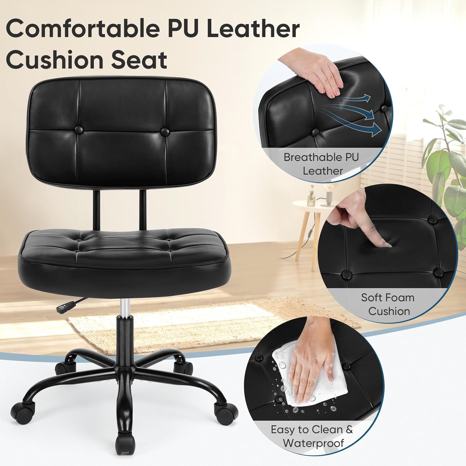Home Office Desk Chair - Ergonomic Armless PU Leather Computer Rolling Task Chair??with Comfy Lumbar Support and Height Adjustable, Vanity, Bedroom, Black