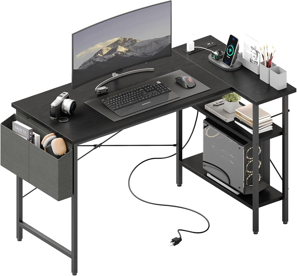 Corner Gaming Desk,39 L Shaped Computer Desk with 3AC+2USB+1Type-C Power Strip, Storage Shelves & Side Hanging Fabric Organizer, Black Gaming Workstation for Home Office and Bedroom