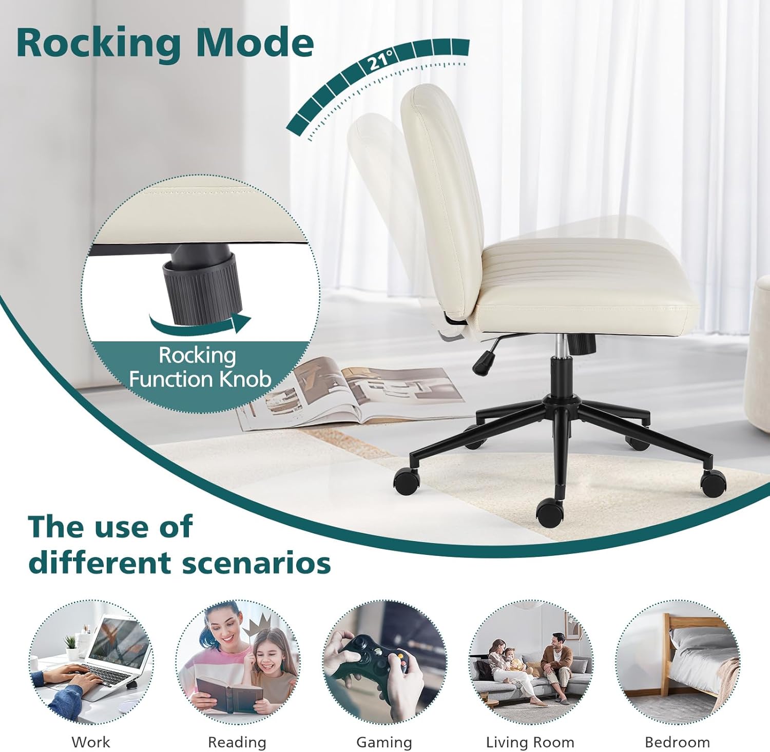 Criss Cross Legged Chairs Armless with Wheels Wide Seat Height Adjustable Swivel Padded PU Leather Home Office Desk Seating for Bedroom, Student, Study Room