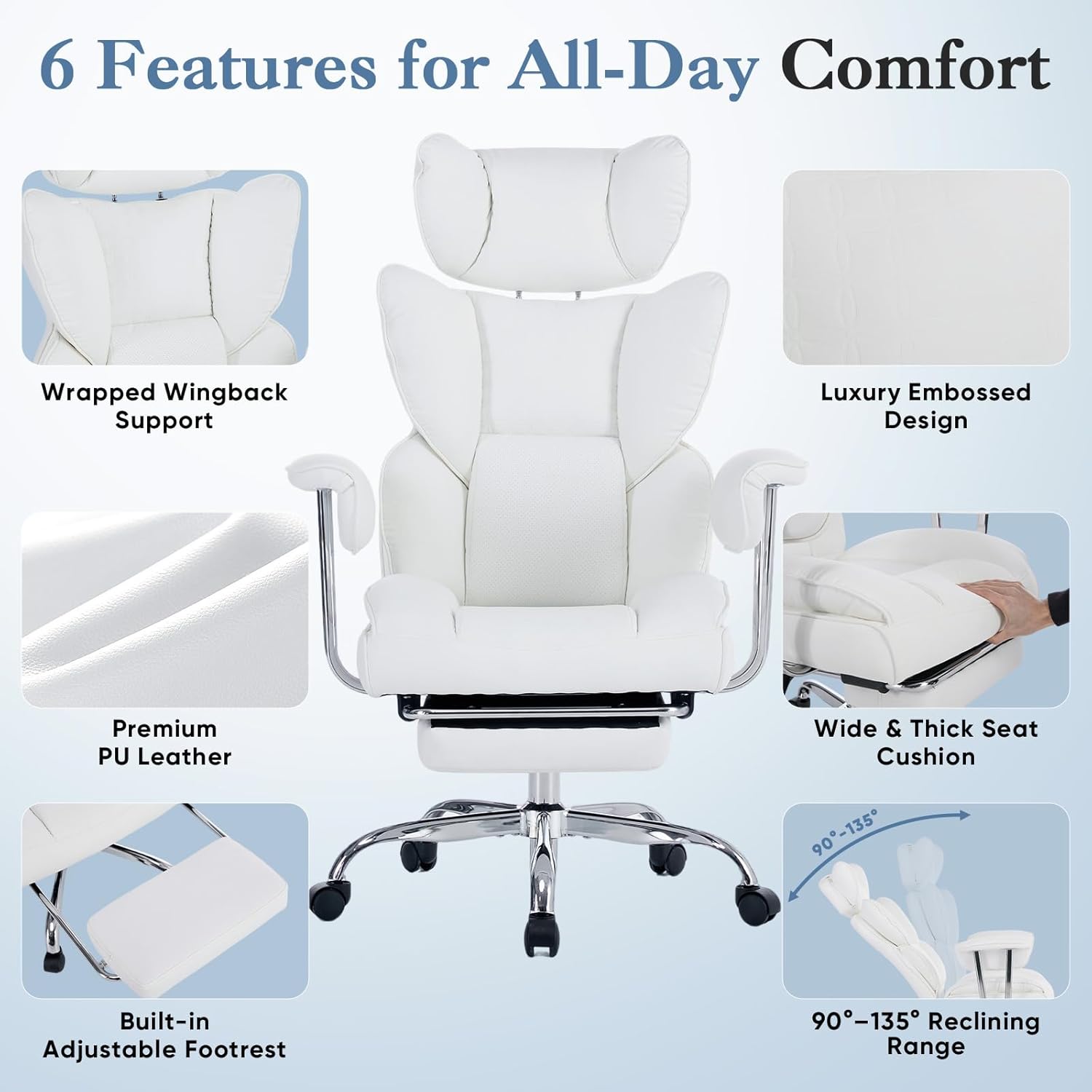 Big and Tall Office Chair 350 LBS, Scratch-Resistant PU Leather Executive Office Desk Chair with Footrest, Ergonomic Reclining Computer Chair with Pocket Spring Support for Home Office, White