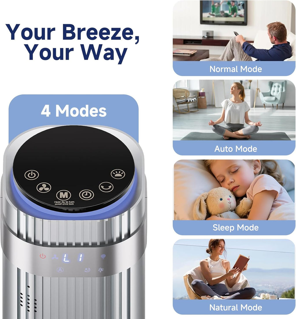 Tower Fan for Bedroom, 28dB Quiet Floor Standing Fan with Remote, 12H Timer, 5 Speeds, 4 Modes, LED Display, Portable Bladeless Oscillating Cooling Fan for Indoor, Home, Office - Silver