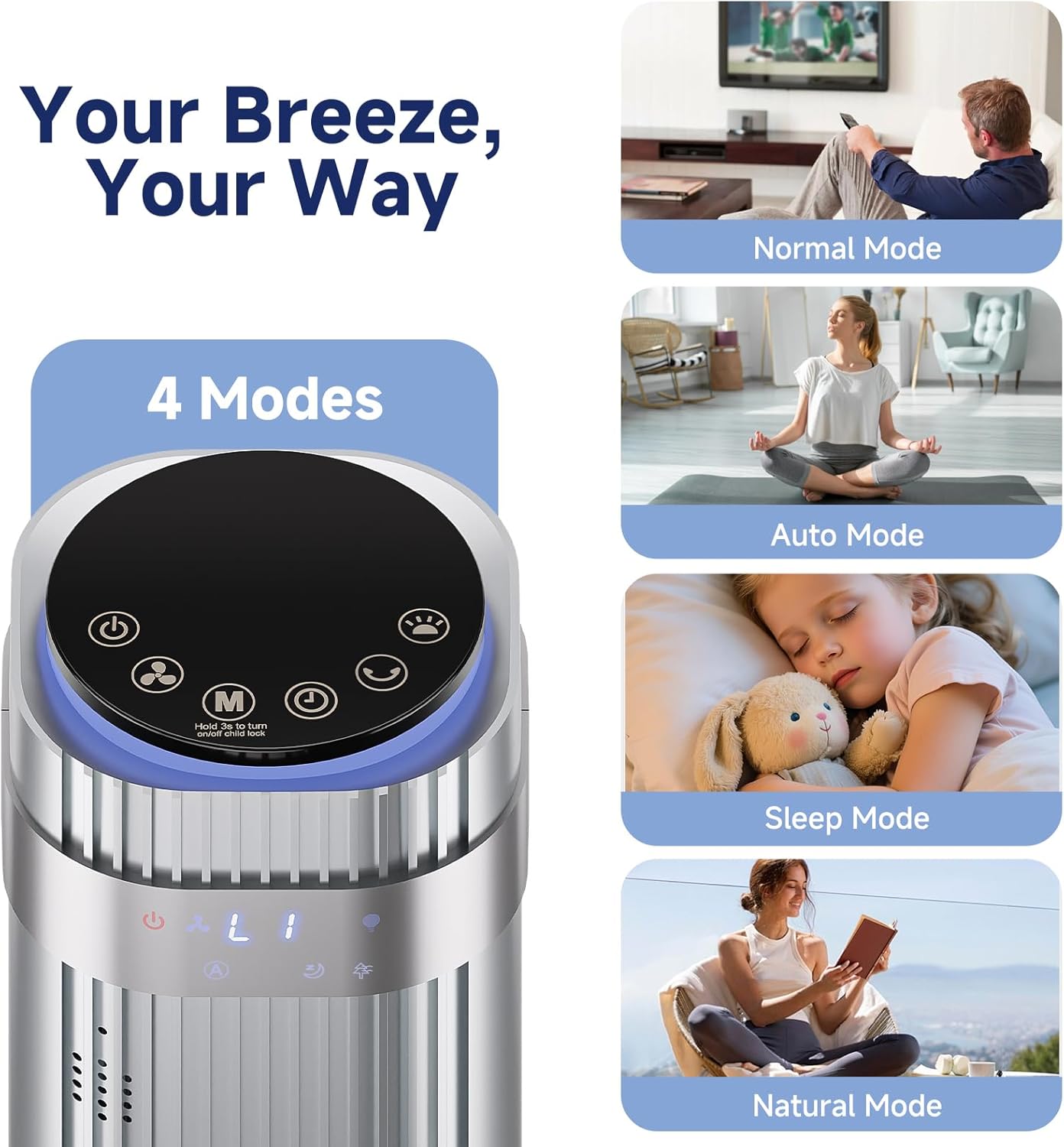 Tower Fan for Bedroom, 28dB Quiet Floor Standing Fan with Remote, 12H Timer, 5 Speeds, 4 Modes, LED Display, Portable Bladeless Oscillating Cooling Fan for Indoor, Home, Office - Silver