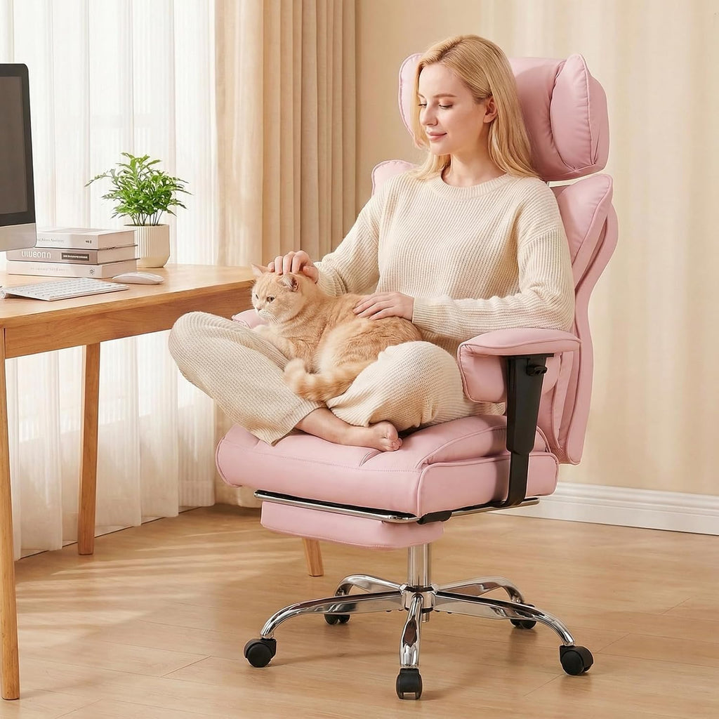 Big and Tall Home Office Desk Chair, Gaming Computer Chair, Executive Ergonomic Chair with Footrest, High Back Reclining, Adjustable Armrests and Comfy Lumbar Support, PU Leather, Pink