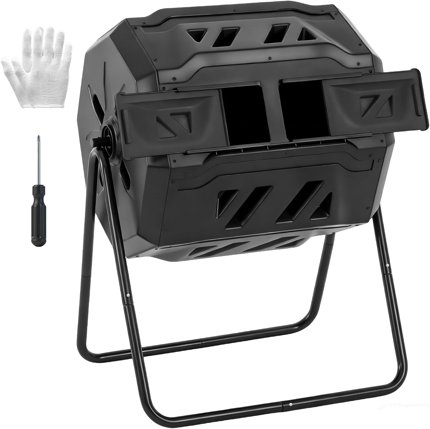Compost Bin Outdoor 43 Gallon, Dual Chamber Composter Tumbler Outdoor with Gloves, Efficient 360??Rotating Composting Bin for Patio, Lawn, Home Gardening and Landscape, Pure Black