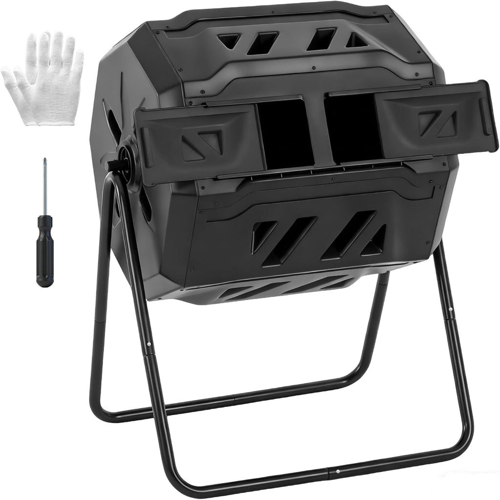 Compost Bin Outdoor 43 Gallon, Dual Chamber Composter Tumbler Outdoor with Gloves, Efficient 360??Rotating Composting Bin for Patio, Lawn, Home Gardening and Landscape, Black