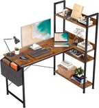 L Shaped Desk Corner Computer Table 47 Inch, L-Shaped Gaming Desks with Storage Shelf Reversible, Wood Tables with Side Bag Adjustable Feet for 2 Monitors Small Space Home Office Bedroom, Brown