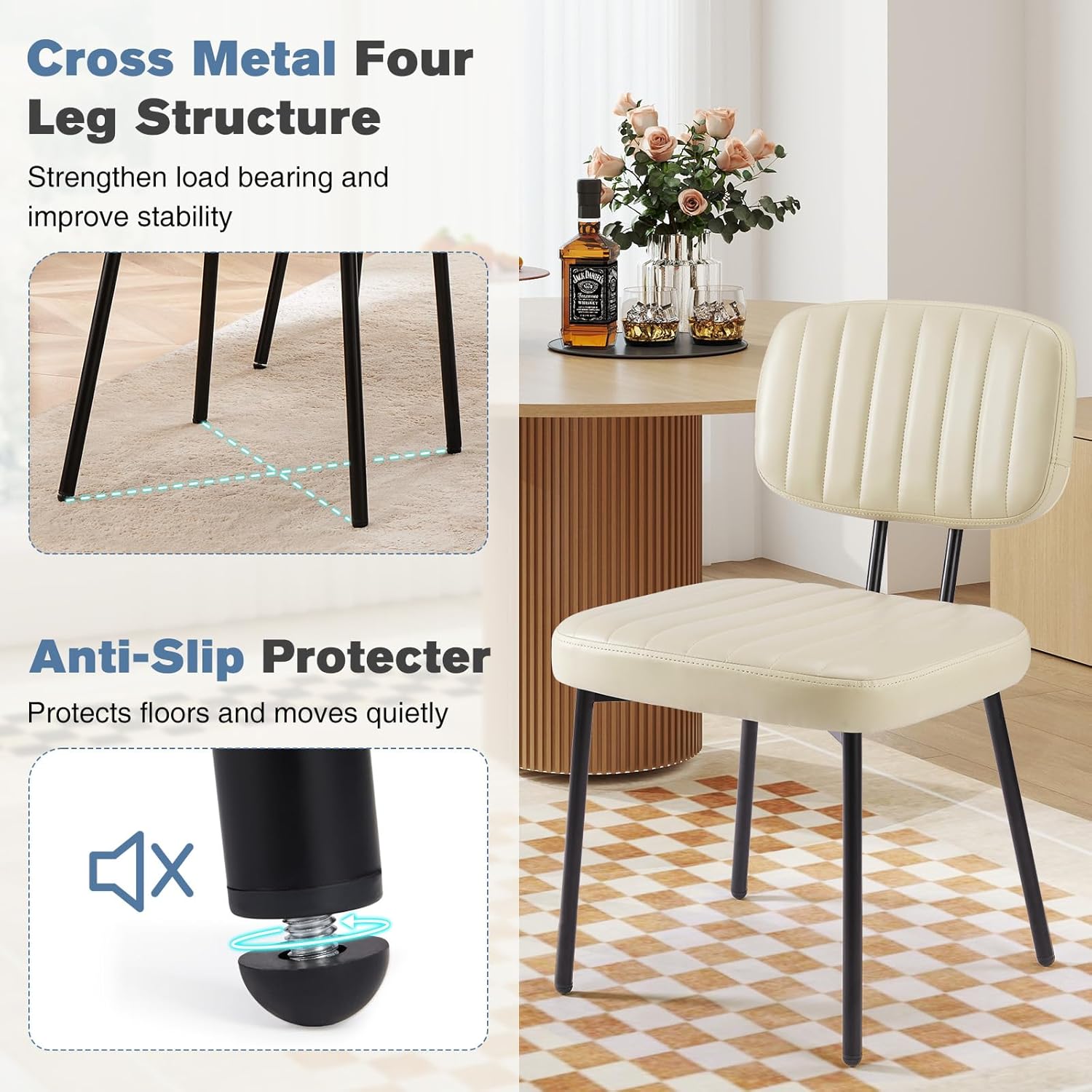 Dining Chairs Set of 6, Upholstered Mid-Century PU Leather Accent Chair with Backrest and Metal Legs for Kitchen, Living Room,Beige White