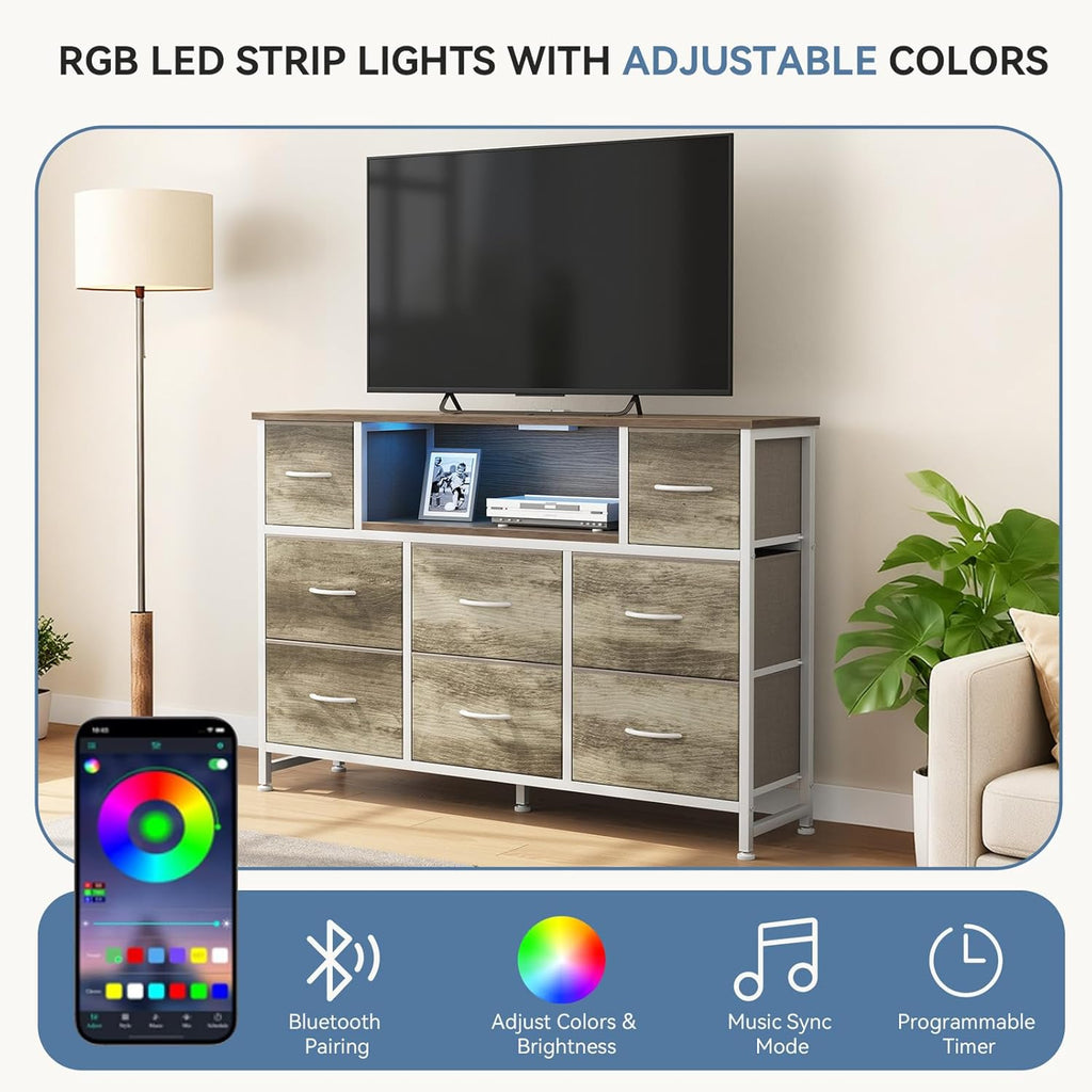 TV Stand Dresser with 8 Fabric Drawers and Open Shelves, LED Entertainment Center with Charging Station, Wood Top Media Console for 45-55 inch, Bedroom, Greige Oak