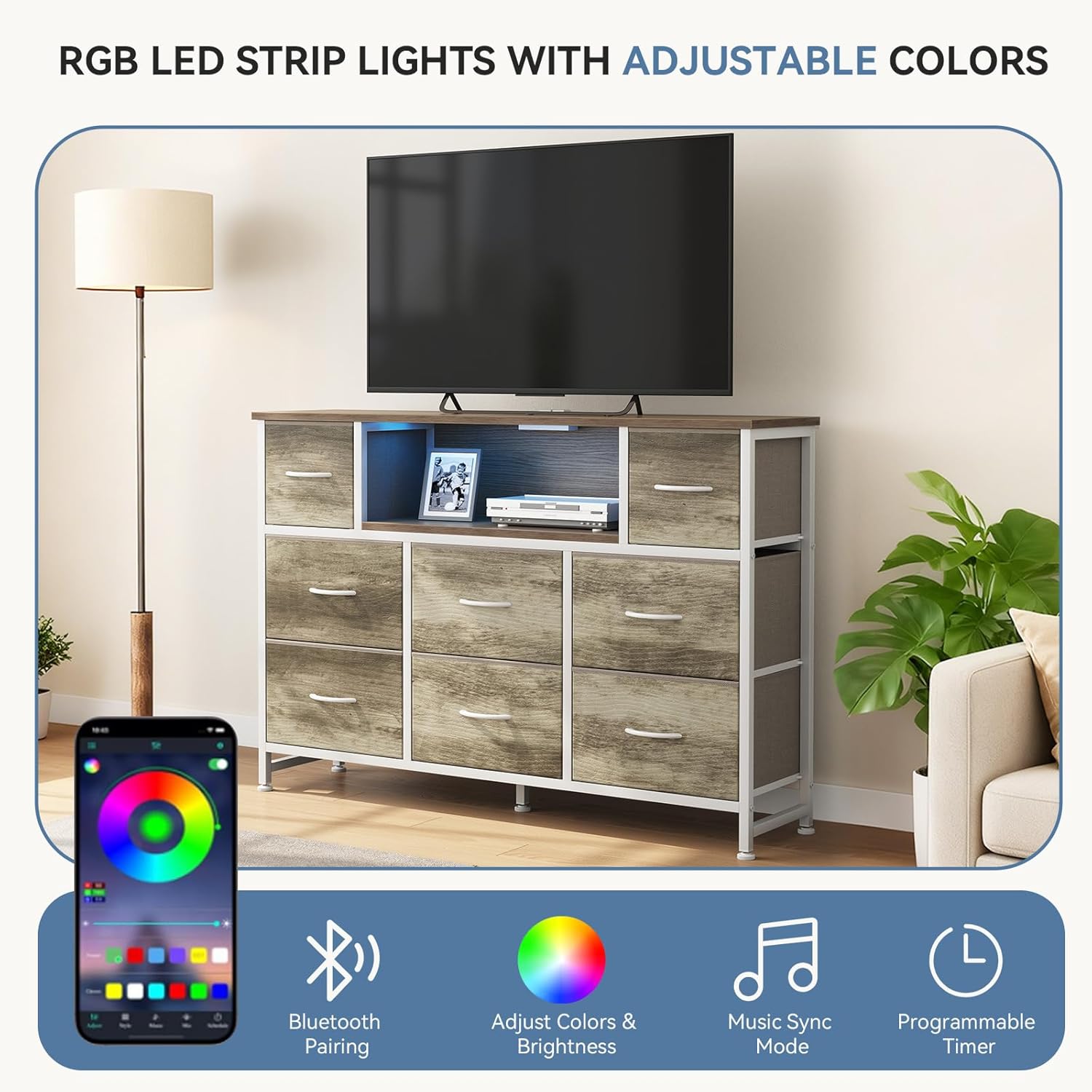 TV Stand Dresser with 8 Fabric Drawers and Open Shelves, LED Entertainment Center with Charging Station, Wood Top Media Console for 45-55 inch, Bedroom, Greige Oak