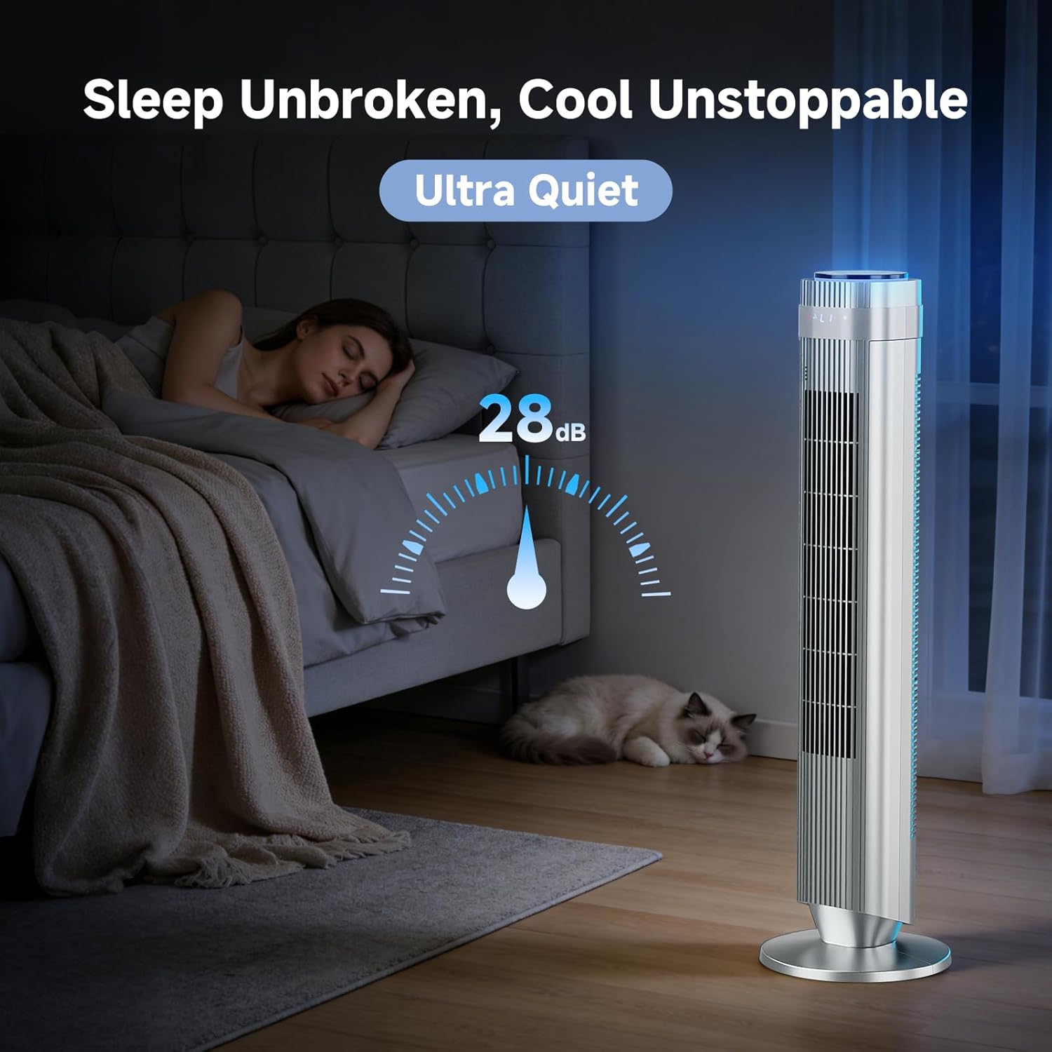 Tower Fan for Bedroom, 28dB Quiet Floor Standing Fan with Remote, 12H Timer, 5 Speeds, 4 Modes, LED Display, Portable Bladeless Oscillating Cooling Fan for Indoor, Home, Office - Silver