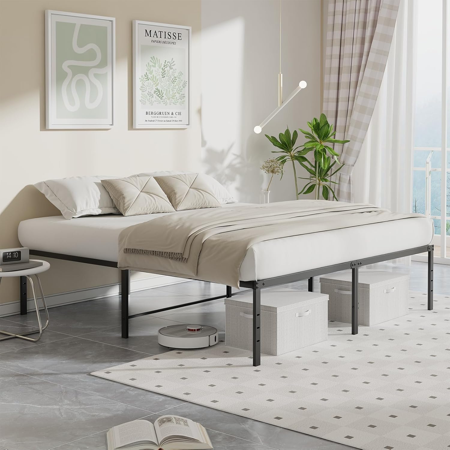 Queen Size 18 Inch Platform Bed Frame, Heavy Duty Metal Foundation Frame, Noise-Free Sturdy Steel Slats, Underbed Storage, No Box Spring Needed, Quick Setup