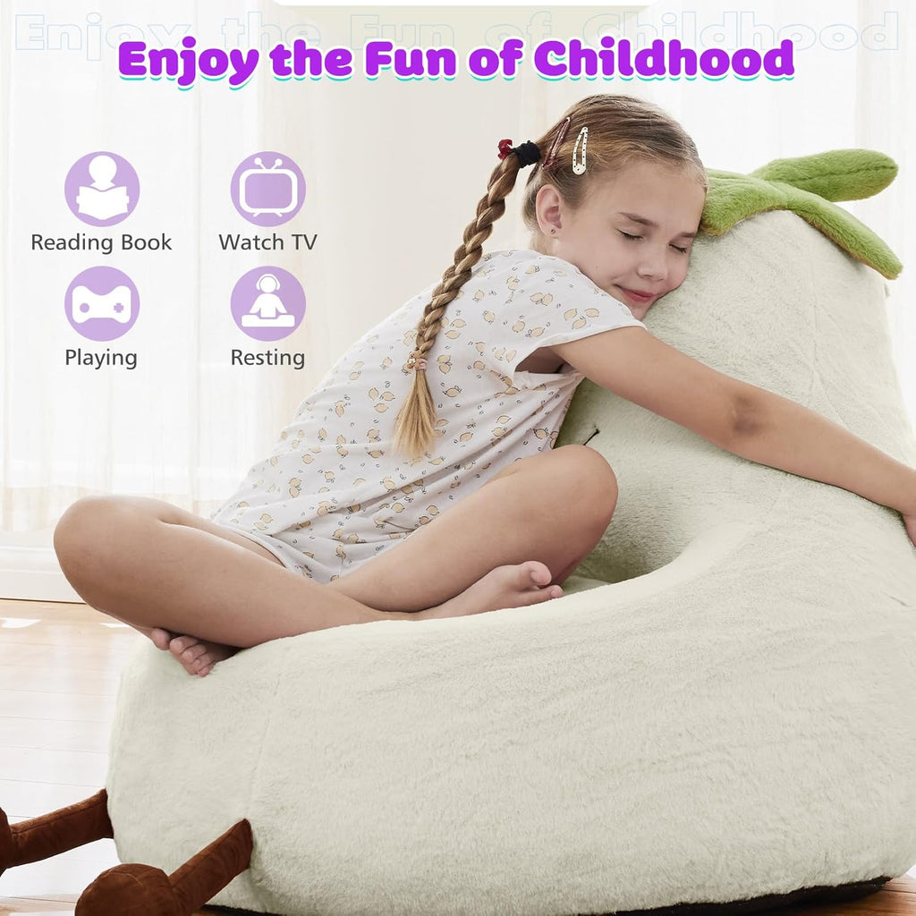 Kids Bean Bag Chair, Stuffed Toddler Couch with Faux Rabbit Fur Cover for Teens & Kids, Comfy Lazy Sofa Chair for Reader, Living Room, Bedroom, Aged 4-12 Years, 24 Inch, Beige
