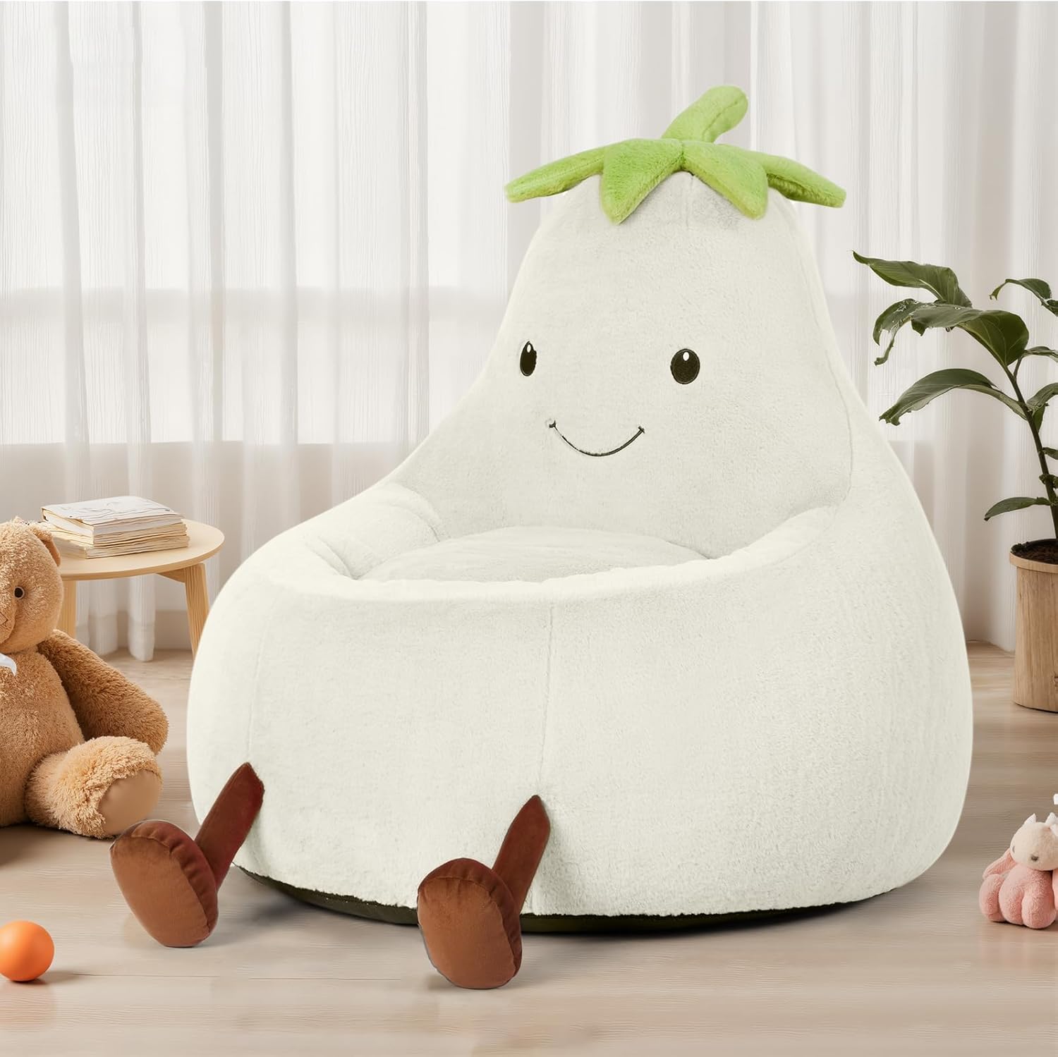 Kids Bean Bag Chair, Stuffed Toddler Couch with Faux Rabbit Fur Cover for Teens & Kids, Comfy Lazy Sofa Chair for Reader, Living Room, Bedroom, Aged 4-12 Years, 24 Inch, Beige