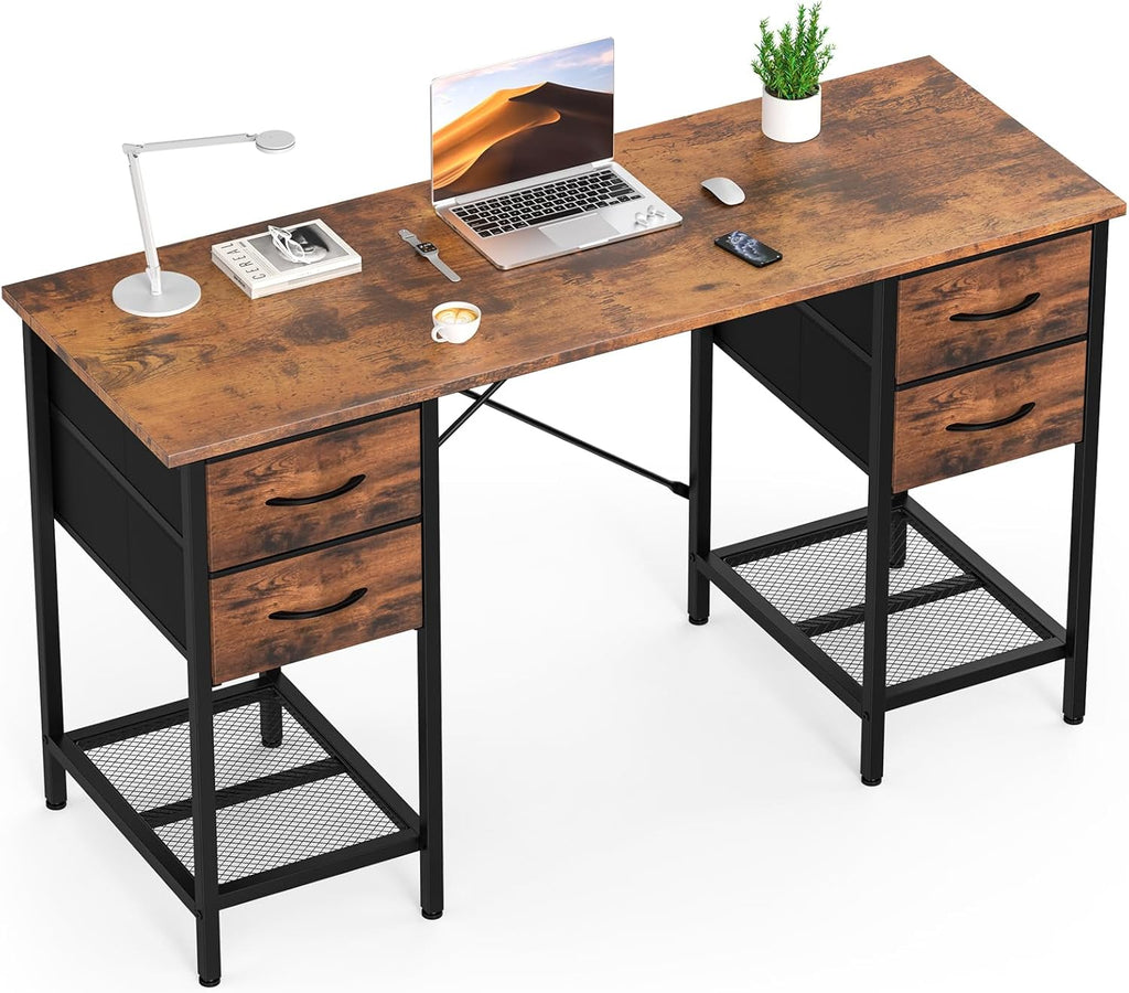Computer Desk 47 Inch with 4 Drawers Home Office Table with Mesh Shelf for Work Study Writing Gaming Storage Furniture for Bedroom, Rustic Brown