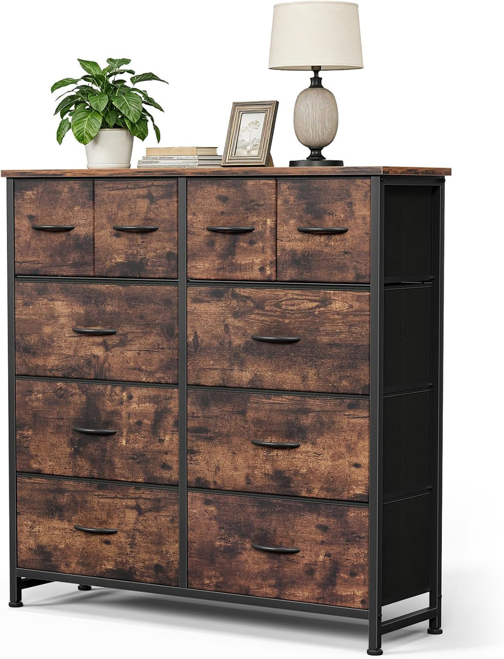 TV Stand for Bedroom, Dresser with 10 Drawers, Fabric Units of Drawers with Metal Frame and Wood Top, Living Room Storage Organizers Units for Books, TV and Other Items, Dark Rust