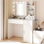 Makeup Vanity Desk, Vanity Table Set with Mirror and Lights, Small Vanity with Storage Bench, Charging Station and Hair Dryer Holder, Dressing Table with Drawer and Three Shelves, White
