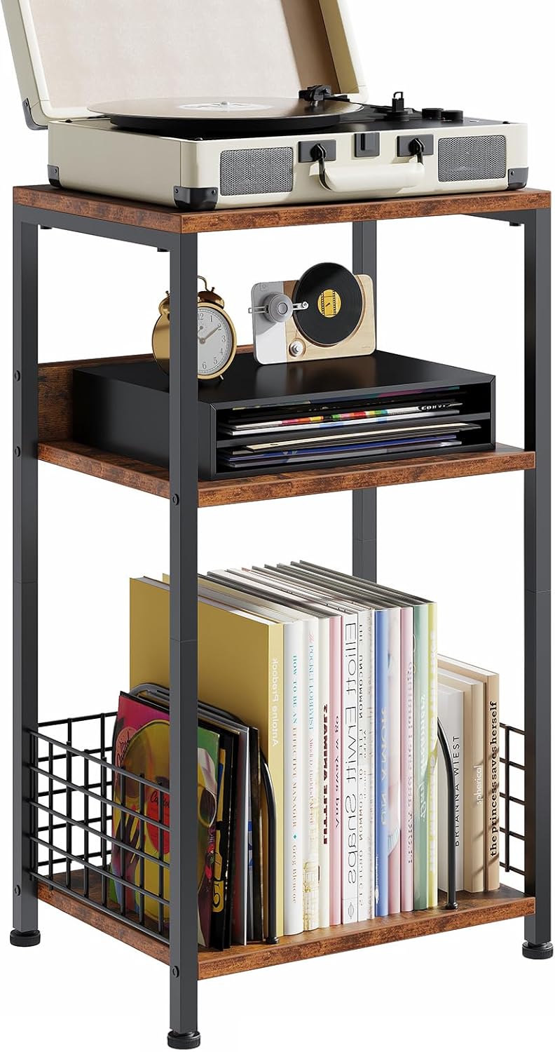 3 Tier Side Table, 2 Pack Record Player Stand with Storage Up to 100 Albums,Turntable Stand for Vinyl, White Records Shelf for Living Room Bedroom