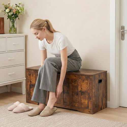 47.2 Extra Large Storage Bench with 2 Safety Gel-Buffered Hinges, Blanket Chest for Bedroom Living Room, Support 150lbs, 2 U-Shaped Cut-Out Pull, Non-Slip Base, Rustic Wood