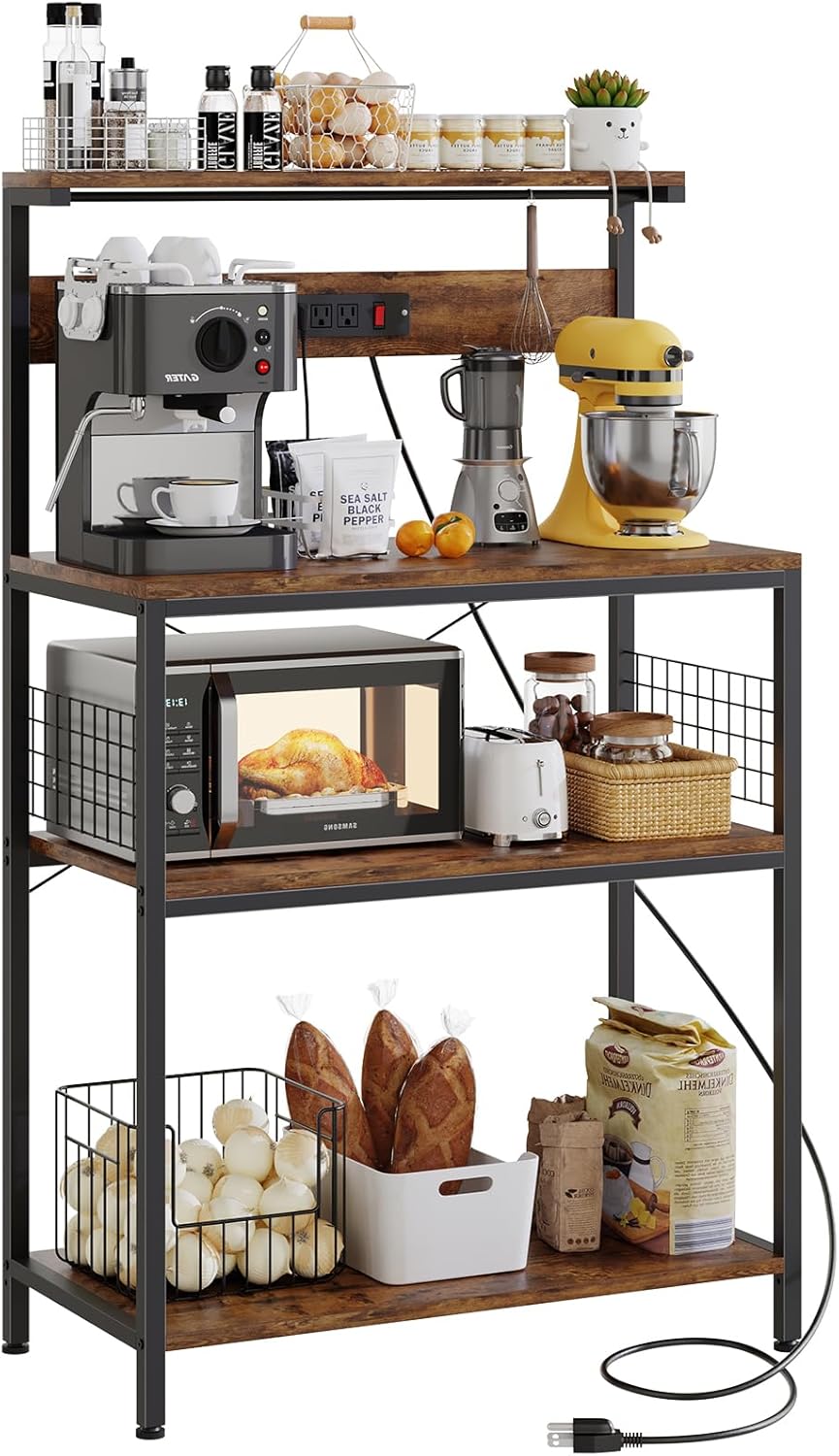 Kitchen Bakers Rack with Power Outlet, Coffee Bar Table 4 Tiers, Microwave Oven Stand Station, Adjustable Storage Shelf Freestanding Appliance Organizer - 23.6 Inch, Rustic Brown