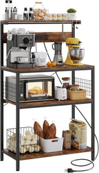 Kitchen Bakers Rack with Power Outlet, Coffee Bar Table 4 Tiers, Microwave Oven Stand Station, Adjustable Storage Shelf Freestanding Appliance Organizer - 23.6 Inch, Rustic Brown