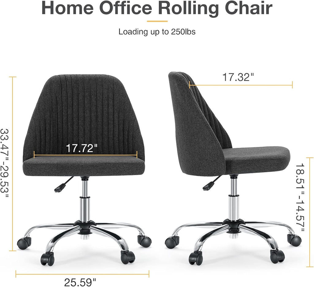 Armless Vanity Chair, Cute Comfy Home Office Desk Chair with Wheels, Modern Upholstered Task Computer Seat for Bedroom, Study, Makeup Vanity, Height Adjustable & Swivel, Drak Gray