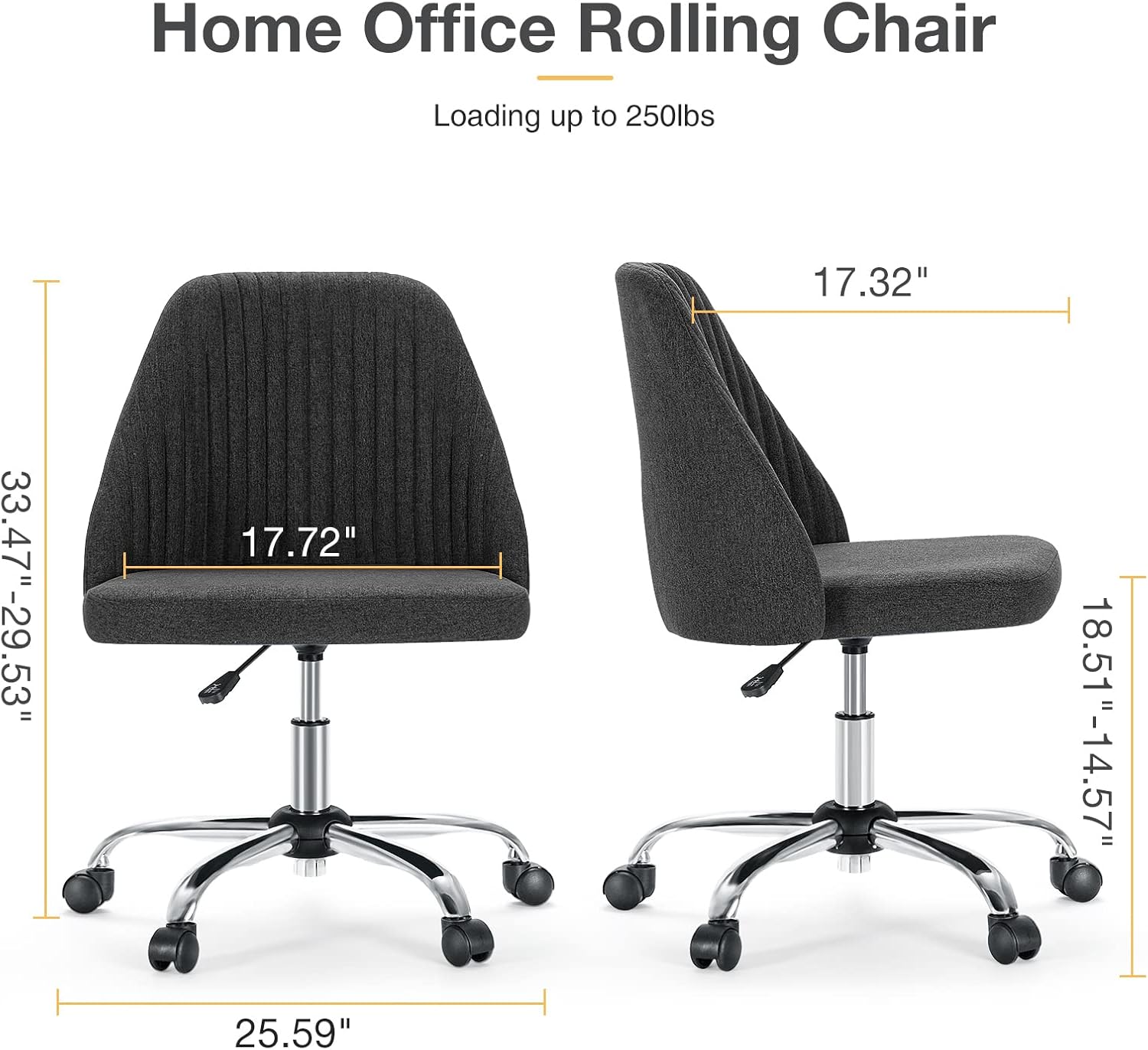 Armless Vanity Chair, Cute Comfy Home Office Desk Chair with Wheels, Modern Upholstered Task Computer Seat for Bedroom, Study, Makeup Vanity, Height Adjustable & Swivel, Drak Gray