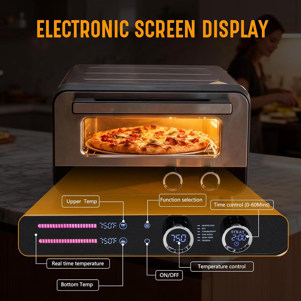 Pizza Oven Indoor, 1600W Electric Pizza Oven Fast Heating, 6 Presets Pizza Maker for 12 Inches, with Pizza Stone & Spatula, Upper-Bottom Independent Heating Temperature Control