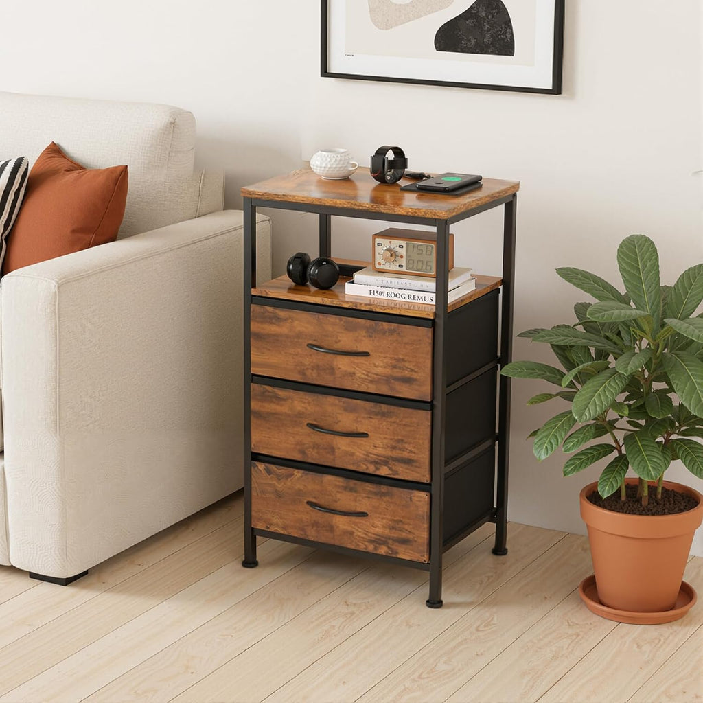Nightstand with Charging Station, 3-Drawer Bedside Table with USB Ports & Type-C, Bedroom Night Stand with Fabric Drawers and Open Shelf, Tall Narrow End Table for Small Bedroom, Rustic Brown