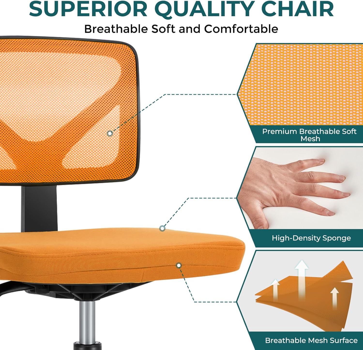 Armless Desk Chairs Set of 2, Ergonomic Adjustable Home Office Swivel Rolling Task Chair No Arms, Comfy Mesh Mid Back Computer Work Vanity Desk Chiars with Wheels for Small Spaces, New Orange