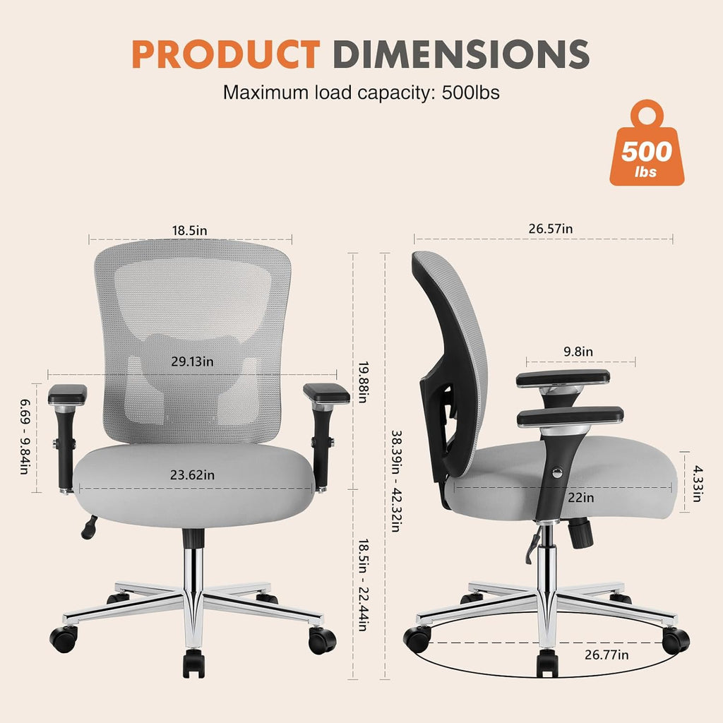Big and Tall Office Desk Chair with Lumbar Support, 500lbs Heavy Duty Mesh Ergonomic Computer Chair with 4D Armrest and Wide Comfy Seat, Wheels for Adult, Grey