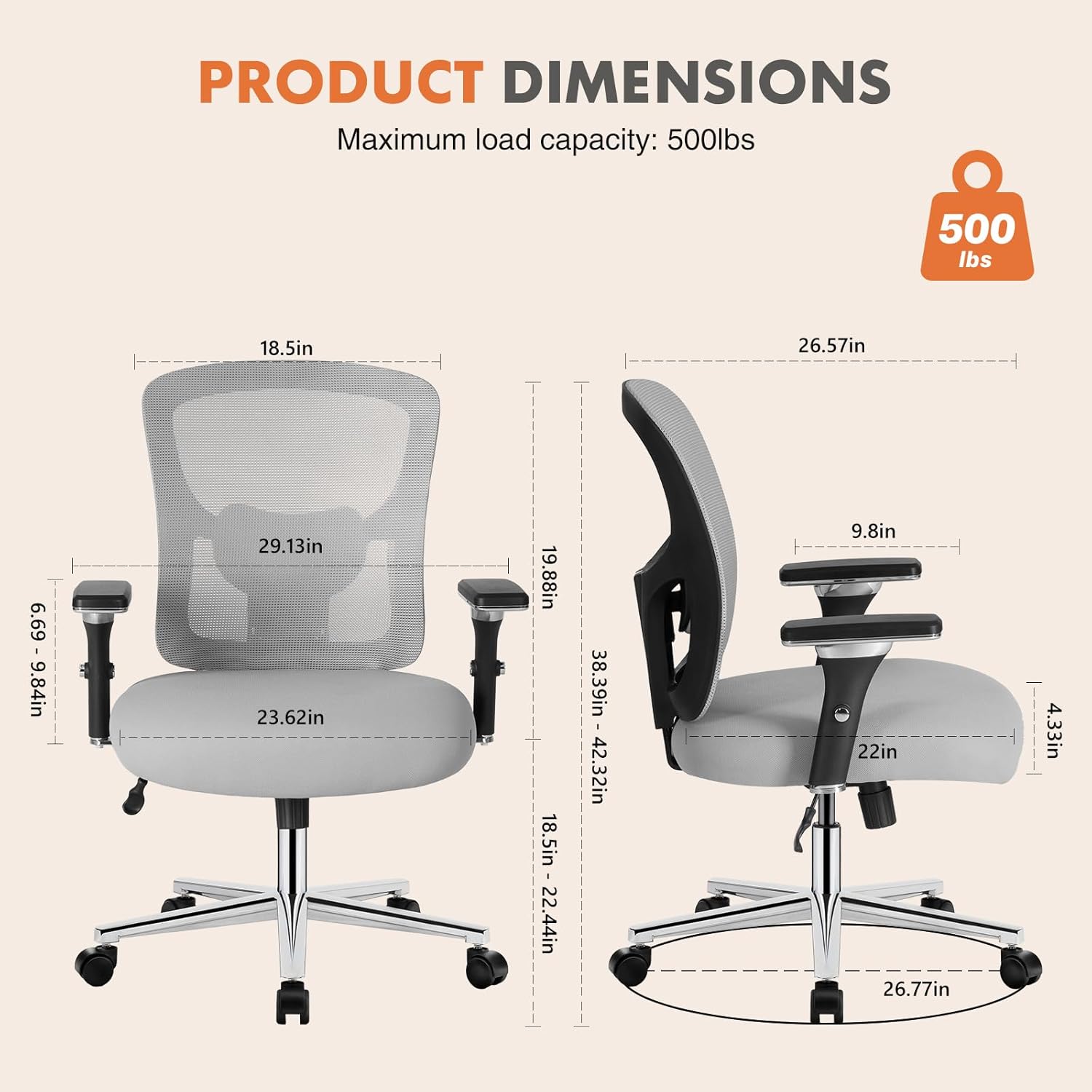 Big and Tall Office Desk Chair with Lumbar Support, 500lbs Heavy Duty Mesh Ergonomic Computer Chair with 4D Armrest and Wide Comfy Seat, Wheels for Adult, Grey