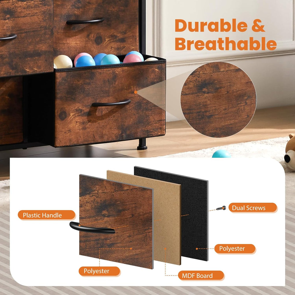 Dresser for Bedroom with 9 Storage Drawers, Large Fabric Storage Tower Organizer, Chest of Drawers with Metal Frame Wooden Top for Closet, Living Room, Entryway, Brown