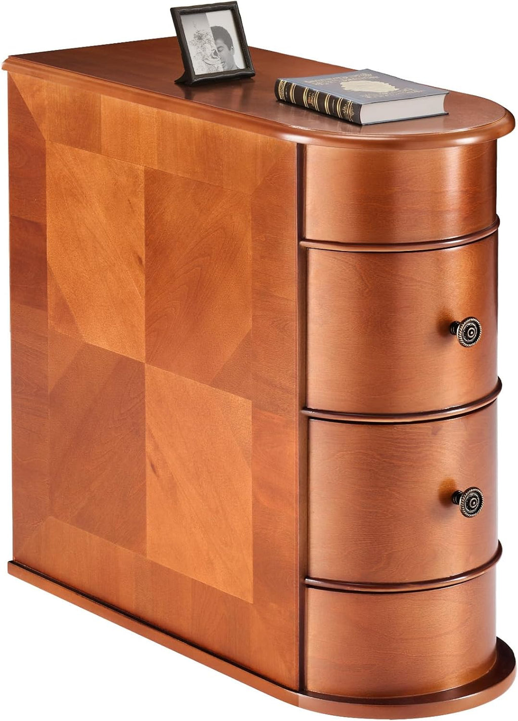 Side End Table with 2 Drawers, Tall Nightstand Vintage Bedside Tables No Assembly Night Stand with Curved Edge Storage Space Wood Sofa Slim Organizer for Living Room, Bedroom, Brown