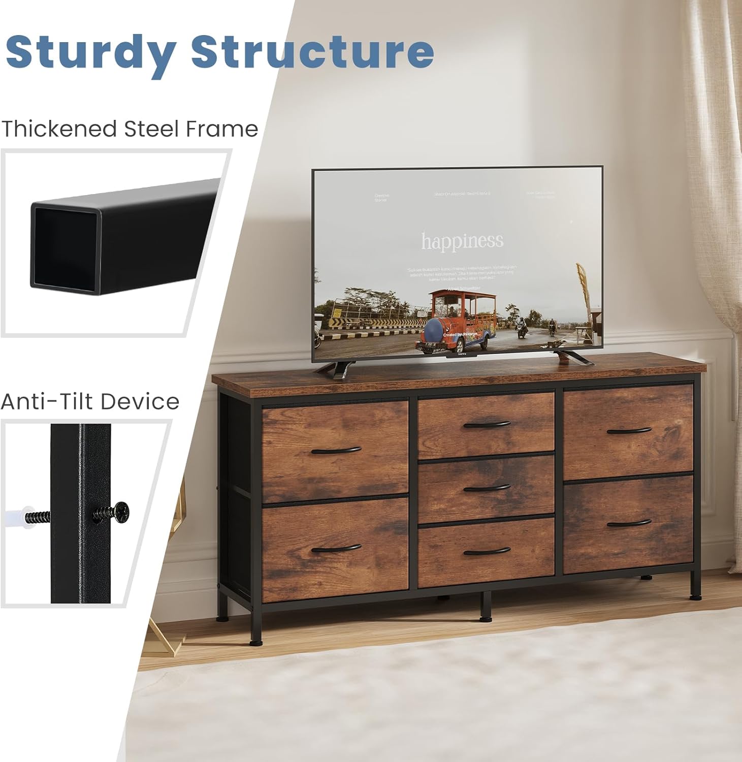TV Stand 7 Drawer Dresser for Bedroom with Storage TV Stands for Living Room Grey, Farmhouse Entertainment Center Media Console Table with Metal Frame Adjustable Feet