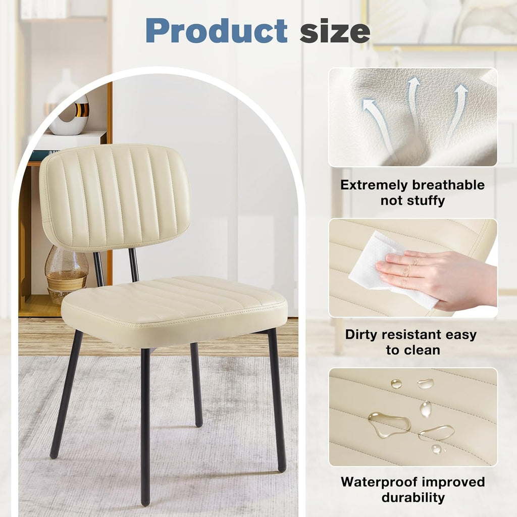 Dining Chairs Set of 6, Upholstered Mid-Century PU Leather Accent Chair with Backrest and Metal Legs for Kitchen, Living Room,Beige White