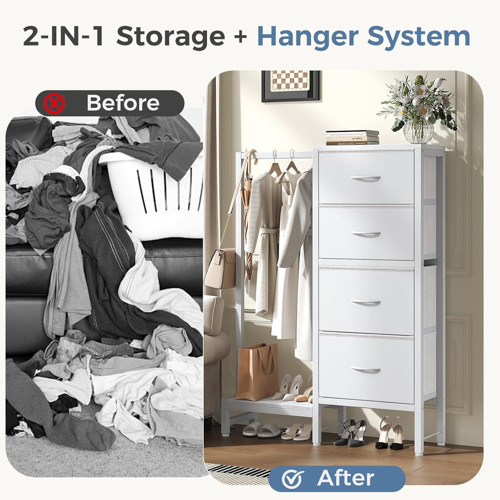 Dresser with Hanging Rack, 4-in-1 White Fabric Dresser for Bedroom, Closet Organizer with Clothes Rack, Shoe Rack & Hooks, Tall Storage Tower for Small Spaces, Apartment, Dorm, Entryway