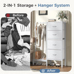 Dresser with Hanging Rack, 4-in-1 White Fabric Dresser for Bedroom, Closet Organizer with Clothes Rack, Shoe Rack & Hooks, Tall Storage Tower for Small Spaces, Apartment, Dorm, Entryway