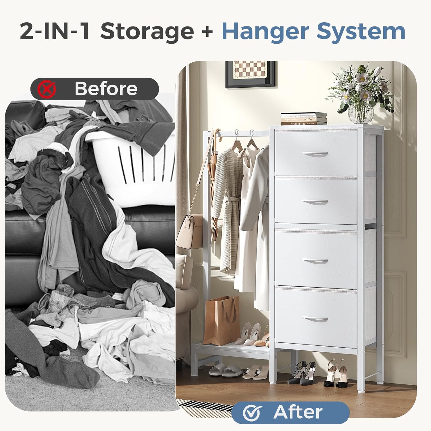 Dresser with Hanging Rack, 4-in-1 White Fabric Dresser for Bedroom, Closet Organizer with Clothes Rack, Shoe Rack & Hooks, Tall Storage Tower for Small Spaces, Apartment, Dorm, Entryway