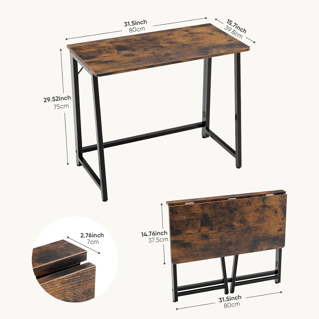 31.5 Inch Folding Desk, Foldable Computer Table for Small Spaces, Metal Frame Gaming Writing Work Station, Mini Home Office Surface, Rustic Brown