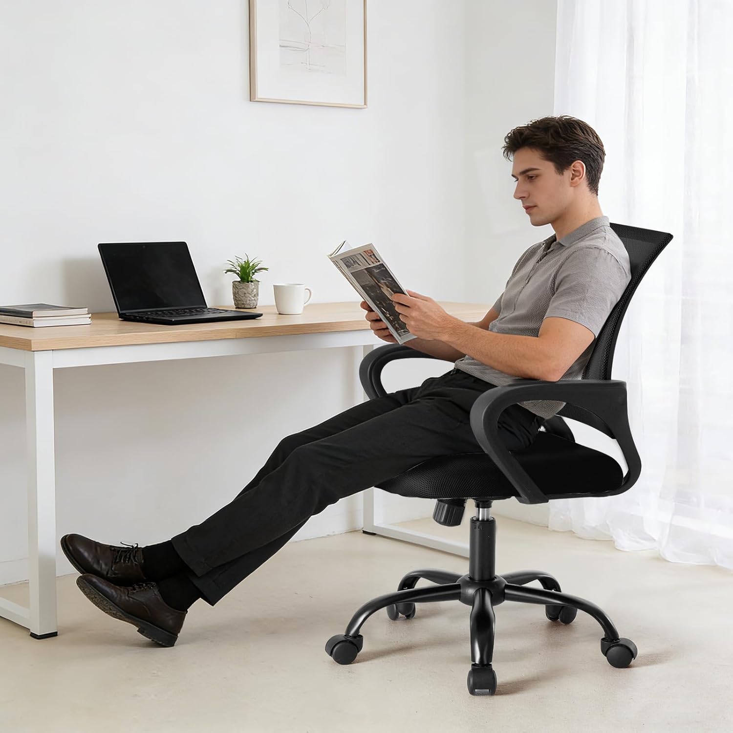Office Desk Chair - Ergonomic Mid Back with Lumbar Support & Rocking Mode, Height Adjustable with Fixed Armrest, Storage Back for Computer, Gaming, Conference, Meeting, 360?? Swivel, Black