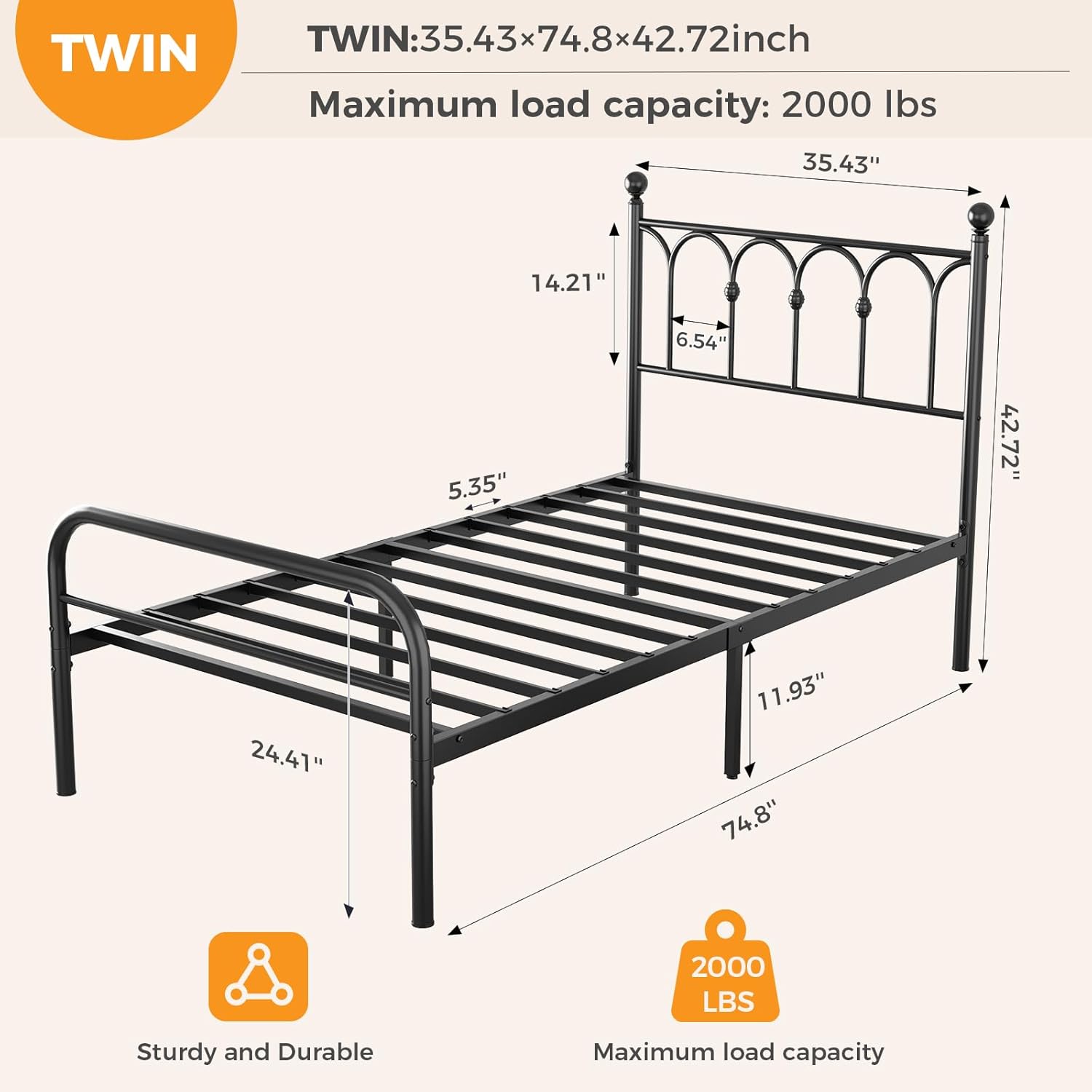 Twin Bed Frame Heavy Duty Metal Platform with 11.9 Under-Bed Storage, No Box Spring Needed, Easy Assembly, Black